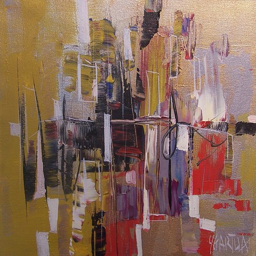 Tall geometric marks in muted violet and ochre
