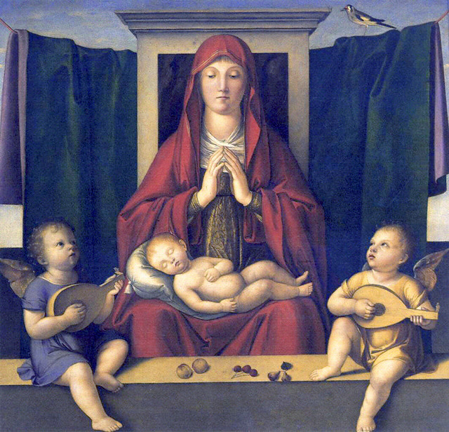 Alvise Vivarini - Virgin Adoring the Sleeping Child [with goldfinch] (c. 1500)