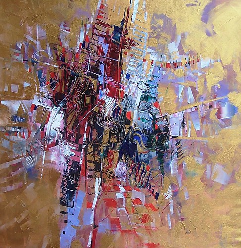 Dense vertical marks in red and violet on gold