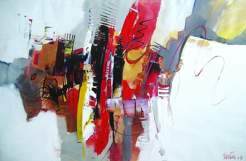 Broad white and red forms with curving outlines