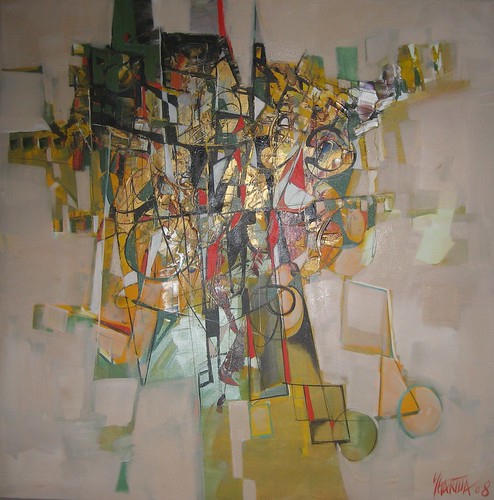 Dense fine outlines and blocks on pale green