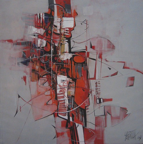 Fine dark outlines and red blocks on grey