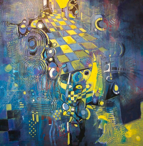 Yellow chequered forms among blue circular marks