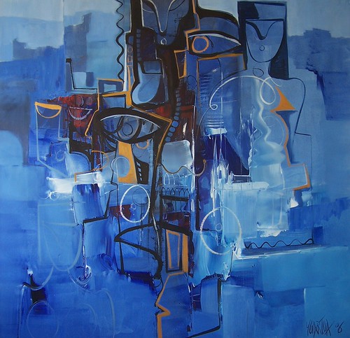 Tall outlined figure in dark blue and pale blue