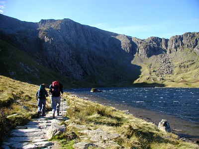 Walking in to climb on the Idwal Slabs - the steep back cirque wall.