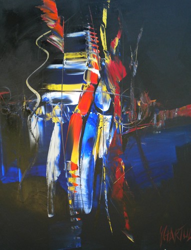 Narrow bright vertical strokes against dark blue