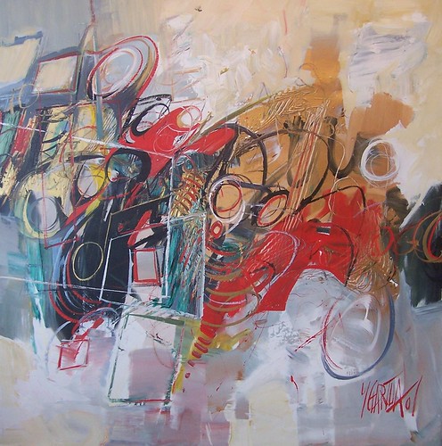 Sweeping circular outlines in grey and red