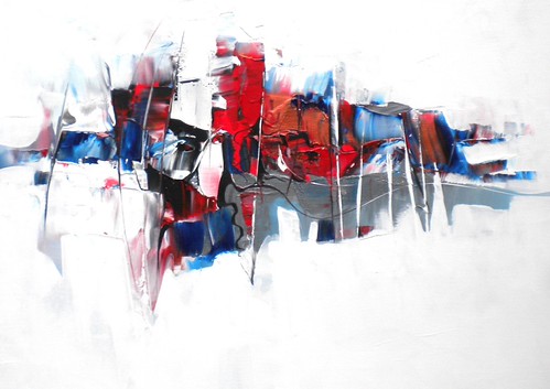 Horizontal red, blue and black marks on white