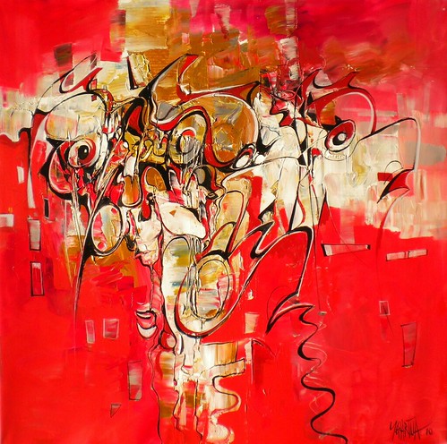 Mask-like outlines over a vivid red background