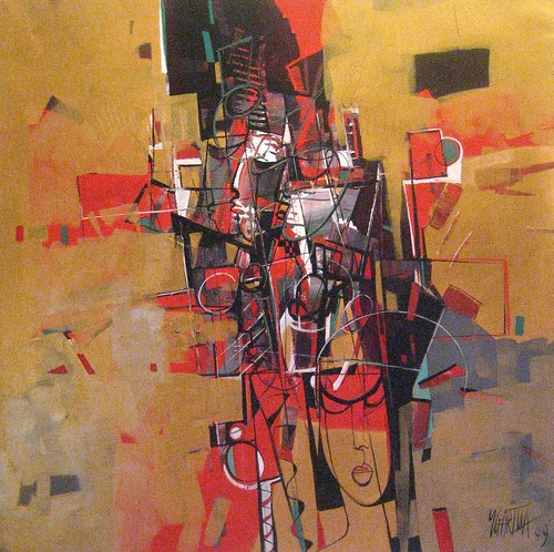 Vertical red marks and outlined circles on ochre
