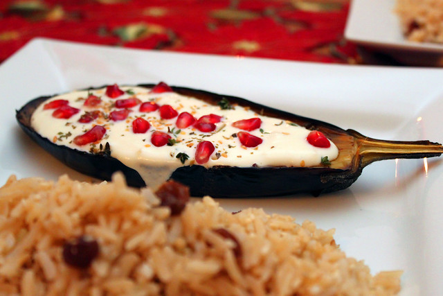 Roasted Aubergines with Buttermilk sauce and Pomegranate