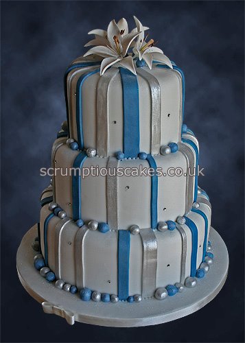 Wedding Cake (806) - Teal & Silver Stripes & Balls & Sugar Lilies