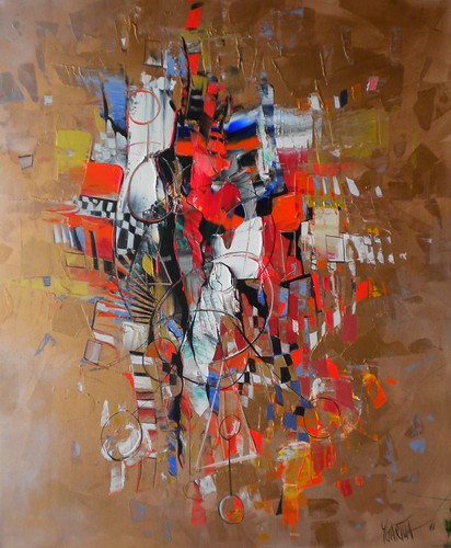 Vertical red and pale blue strokes over brown