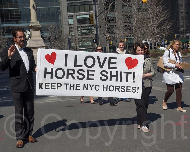 I LOVE HORSE SHIT! Banner, Columbus Circle, Midtown Manhattan, New York City