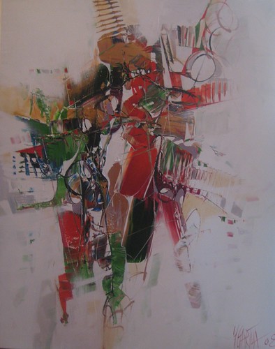 Green and red outlined shapes on pale paint