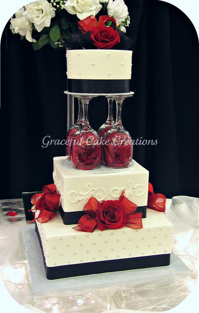 Elegant White, Black and Red Wedding Cake