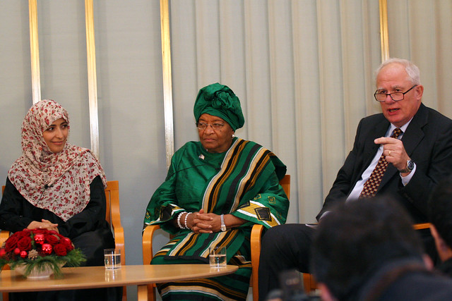 Tawakkul Karman, Ellen Johnson Sirleaf og Geir Lundestad