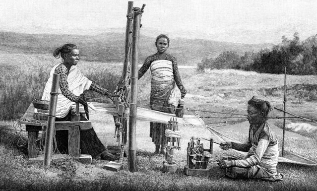 Warp-Weighted Loom weaving in Nepal 1800's. Oppstadvev i Nepal på 1800-tallet
