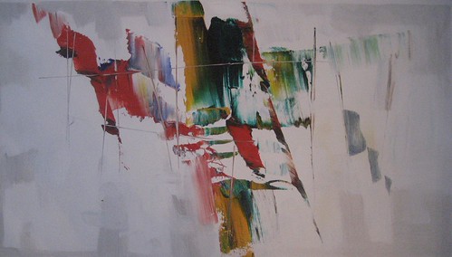 Angled red, green and dark marks on pale grey