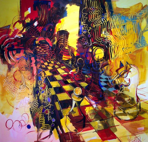 Black and yellow chess-like forms in a dense composition
