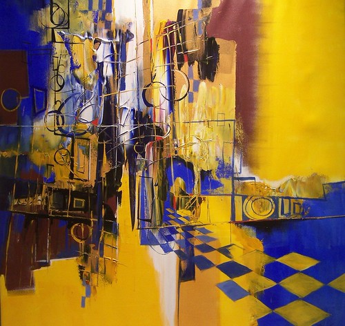 Tall dark blue marks beside yellow chequered forms