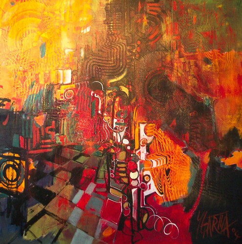 Small figures and chequered forms below orange paint