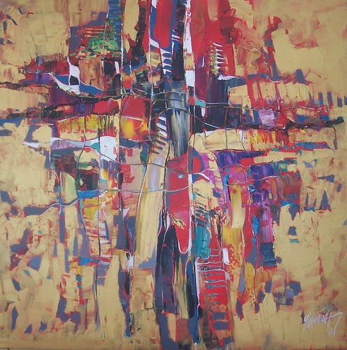 Crossing red and blue linear marks on golden paint