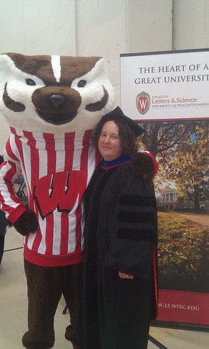 http://t.co/hhA4jQqb Associate Dean Sue Zaeske with @buckybadger at the @uwmadisonls reception! #uwgrad