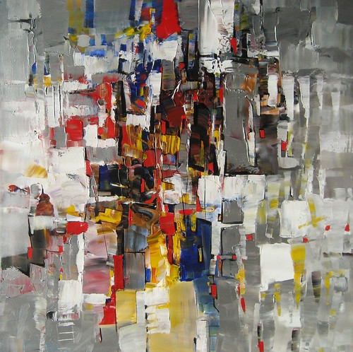 Dense vertical rectangles in red, grey and ochre
