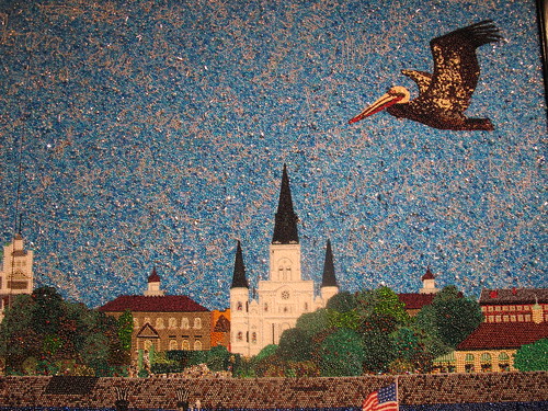 Wanger specializes in Mardi Gras beaded art, that displays Louisiana slices of life, like the above pelican flying over the St. Louis Cathedral. Photo by Briana Prevost