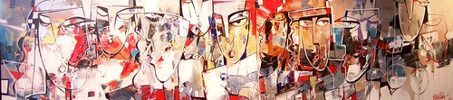 Wide row of outlined figures on pale warm paint