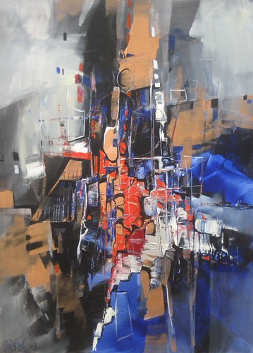 Vertical blue and orange marks with white highlights