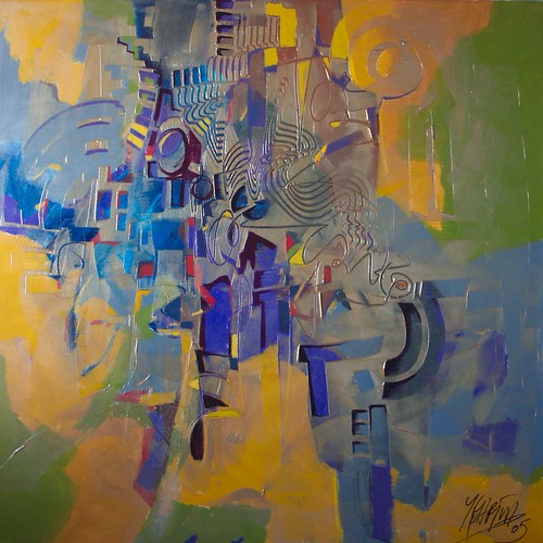 Loose blue and violet shapes on pale ochre