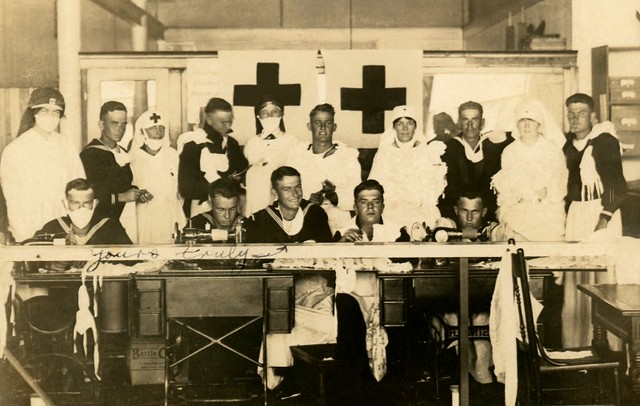 Sailors and Nurses with Masks in Hospital Ward, San Diego, California, 1919
