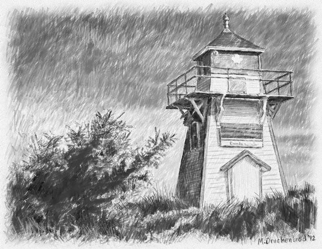 A pencil drawing of the Brackley Beach Lighthouse, PEI