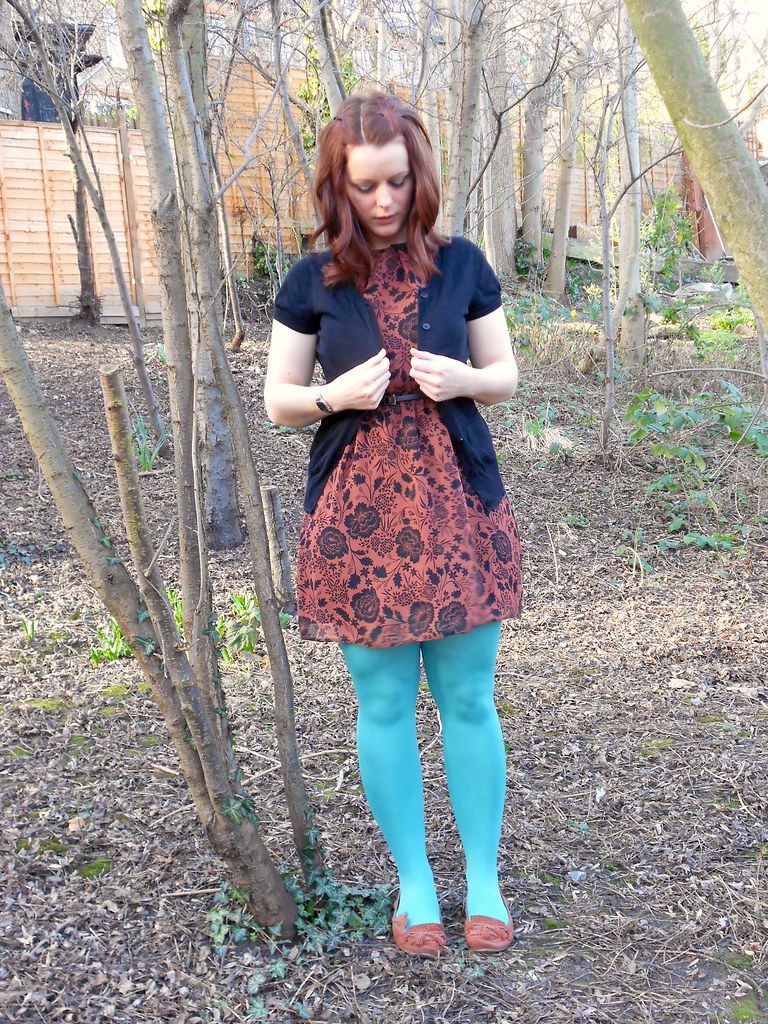 Outfit: turquoise and rust, Dress, shoes and tights: New Lo…