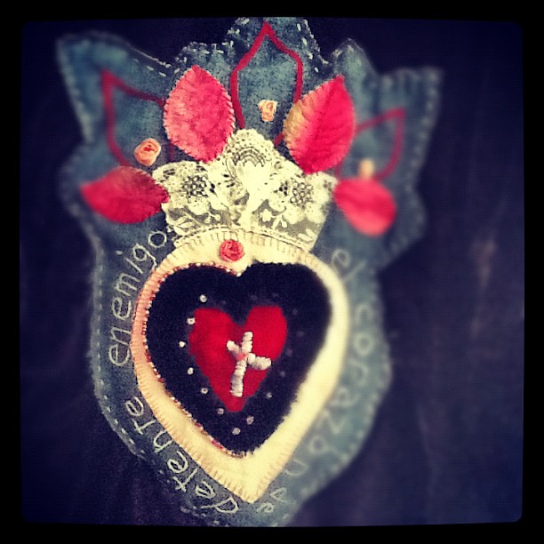 1st love SACRED HEART Mixed Media Fabric Collage and Embroidery