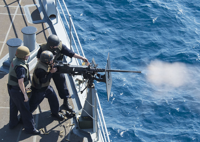 USS Whidbey Island conducts a live-fire exercise.