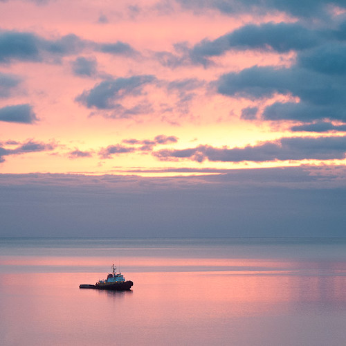 light sea orange usa yellow clouds sunrise square harbor washington ship portangeles calm towboat