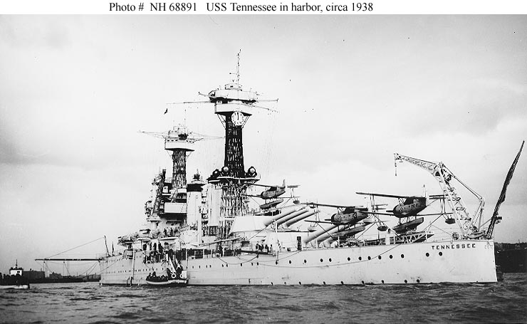 USS Tennessee in harbor, circa 1938
