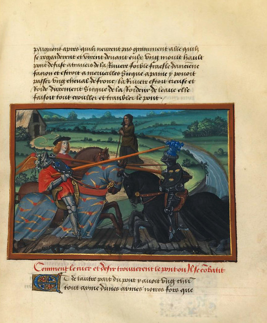 003-Corazon se enfrenta al caballero Cuidado en el puente del Paso Peligroso-fol. 19-Le livre du Coeur d'amour épris, par le roi René d'Anjou-1460-BNF