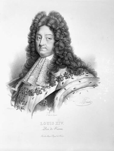 A sketched, black and white portrait of King Louis XIV of France with his fluffy curls.