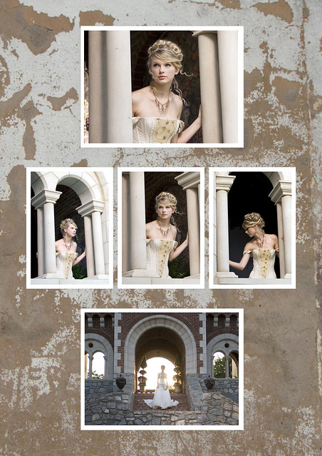 Taylor Swift scrapbook / sticker-album page (Love Story video shoot stills, page 1)