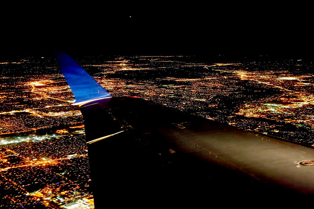 View from Airplane Coming in Low over Minneapolis at Night