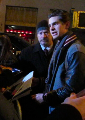 andrew garfield at the stage door of 'death of a salesman' on broadway 2/15/12