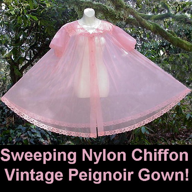 Vintage Peachy Pink Chiffon Sissy Peignoir by Shadowline with a Huge Sweep! GurlzGoneGlam Raia DeVine :)
