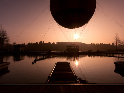 water silhouette sunrise pier balloon hotairballoon disneylandparis canonpowershots100 sequoialodgehotel