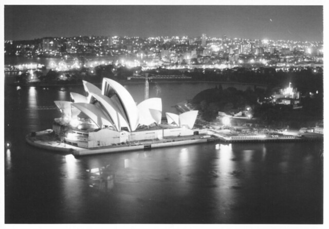 Opera House from top of Harbour Bridge span 1965, opened in 1973