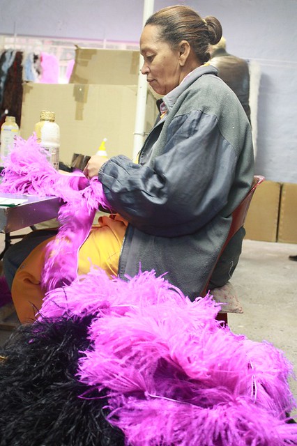 Feather boas at the Klein Karoo Feathers Factory, A worker …