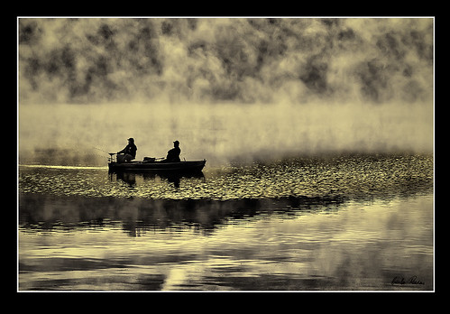 lake fog sunrise reflections fishermen westviginia sruceknoblake